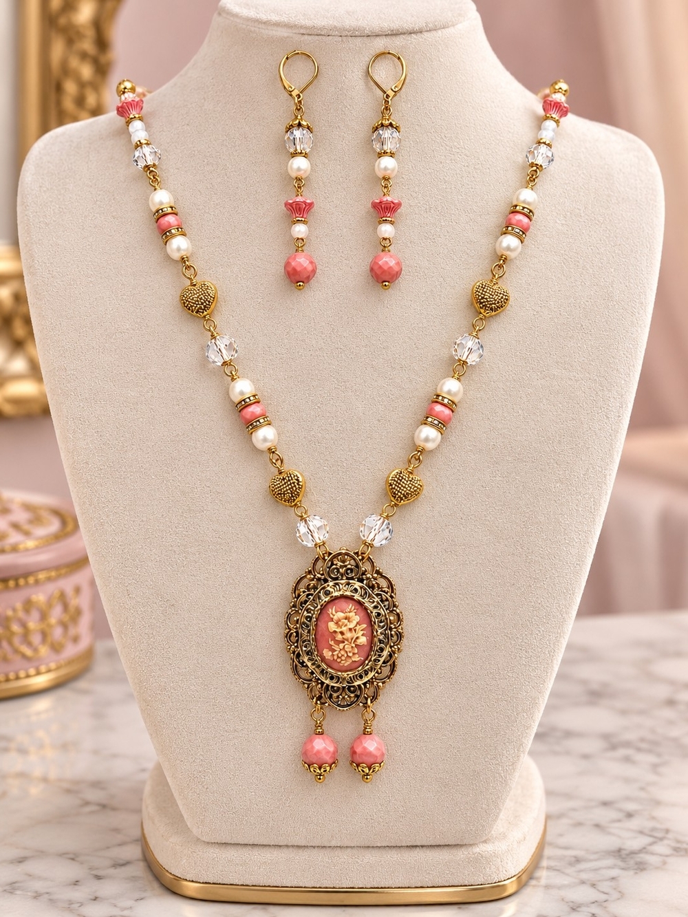 Vintage Floral Cameo Brooch Pendant on Beaded Necklace & Earrings Set - Pearls